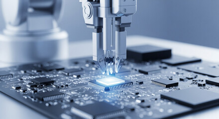 Robotic Arm Installing Microchip on a Circuit Board