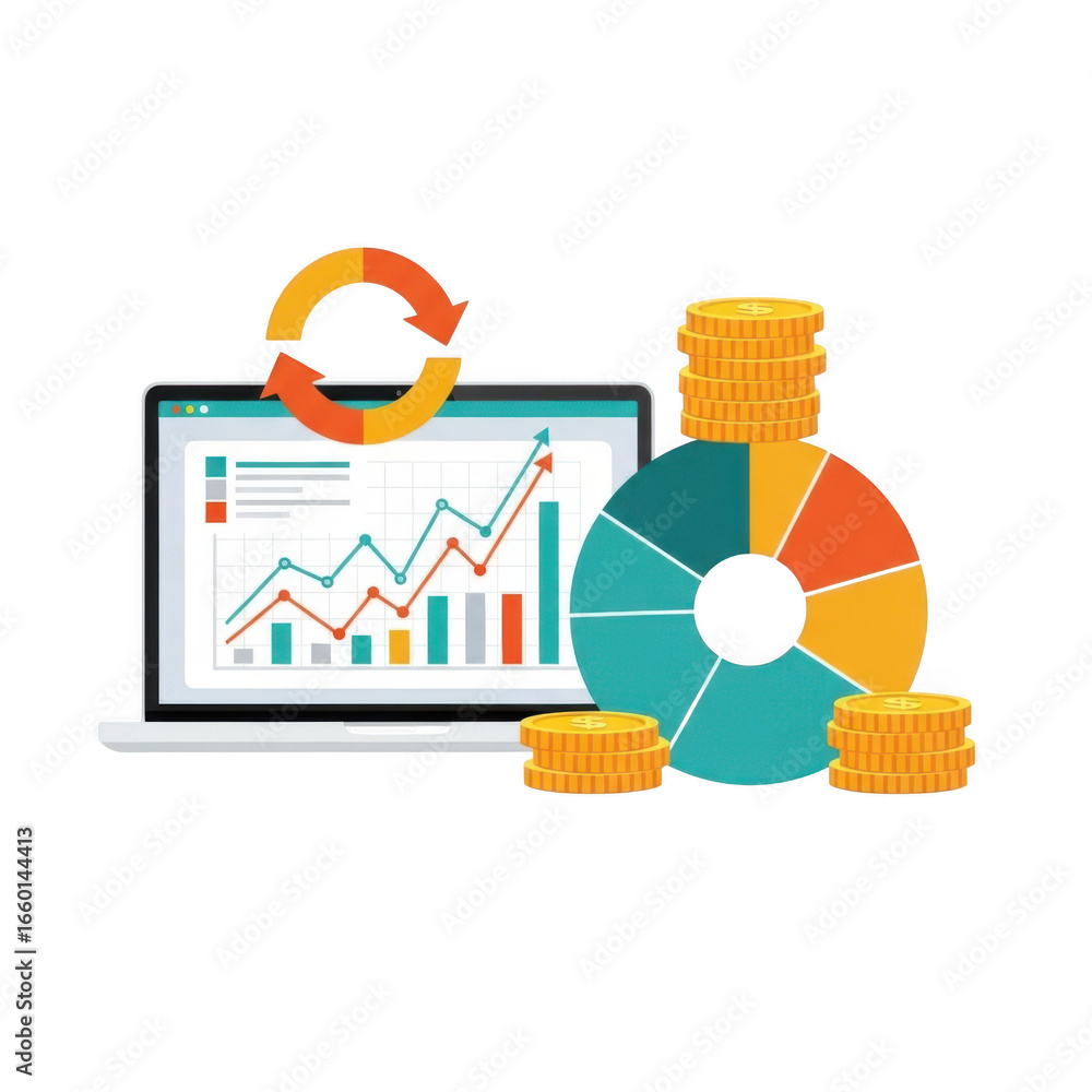 Poster 3d business growth analytics with financial data charts and coins isolated on transparent background