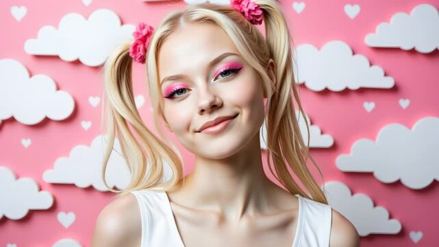 Very young beautiful woman with light daring braids, fan of pink color, playfully moves her head against pink wall with painted little hearts and white 3d clouds