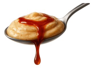 Spoonful of chai pudding, with cinnamon syrup cascading down.