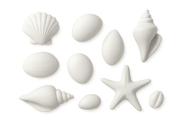 Obraz premium White seashells and starfish scattered minimally, rendering delicate marine composition representing coastal summer design elements