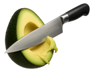 Knife piercing a ripe avocado, with creamy flesh adhering to the blade.
