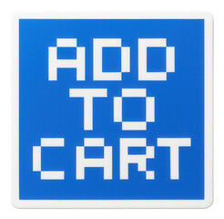 Obraz premium Bright blue square sticker with ADD TO CART message in bold, engaging retail promotion style on transparent background.
