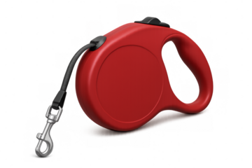 Red retractable dog leash on transparent background