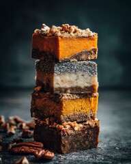 Minimalist stacked Thanksgiving pies with clean edges and magazine styling.