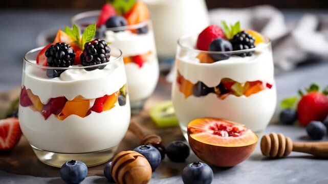 Fruit parfait in glasses with closeup shot.