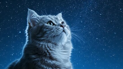 A fluffy gray cat gazing upwards at a starry night sky full of many gleaming stars - Powered by Adobe