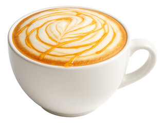 A cappuccino with milk foam in a ceramic cup, topped with a drizzle of honey.