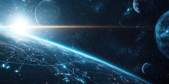 A sleek, interactive UI for space missions, with glowing controls, 3D star maps, and real-time data visualization.