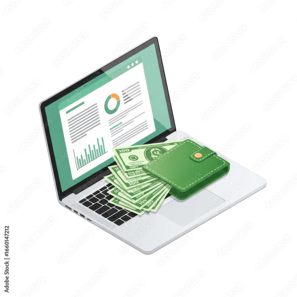 Poster 3d laptop displaying financial data with stack of money isolated on transparent background