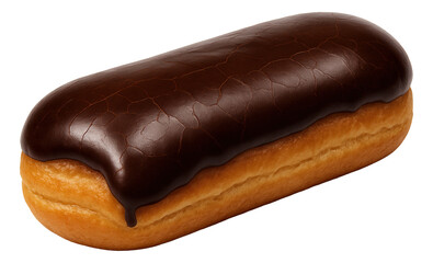 A chocolate eclair with a bite mark, showing a series of fine cracks in the shiny chocolate covering.