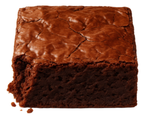 A chocolate brownie with a corner crumbled, revealing fine cracks in the shiny top layer.