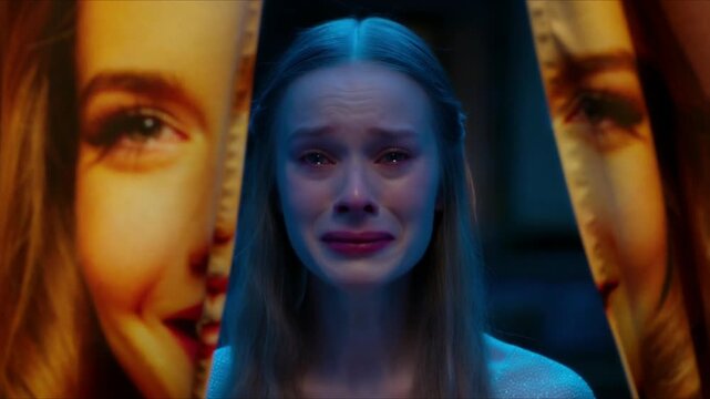 A curtain with the smiling portrait of a beautiful woman slowly opens, revealing the same woman behind it in close-up with tears streaming down her face in striking cinematic contrast