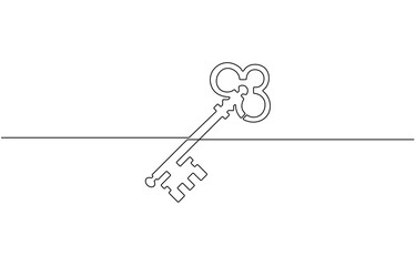 Single old key drawing in style of one continuous line black color. vector.