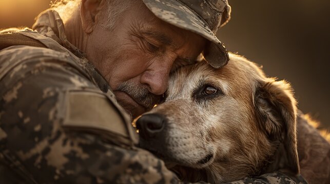 Emotional photo of retired American veteran in uniform hugging service dog with tears of joy under warm golden sunlight, symbolizing loyalty, healing, and bond after military service