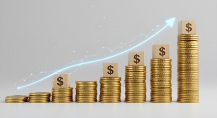 This image visualizes the concept of financial growth and successful investment. Stacks of gold coins are arranged in a bar graph (bar chart) that increases from left to right.