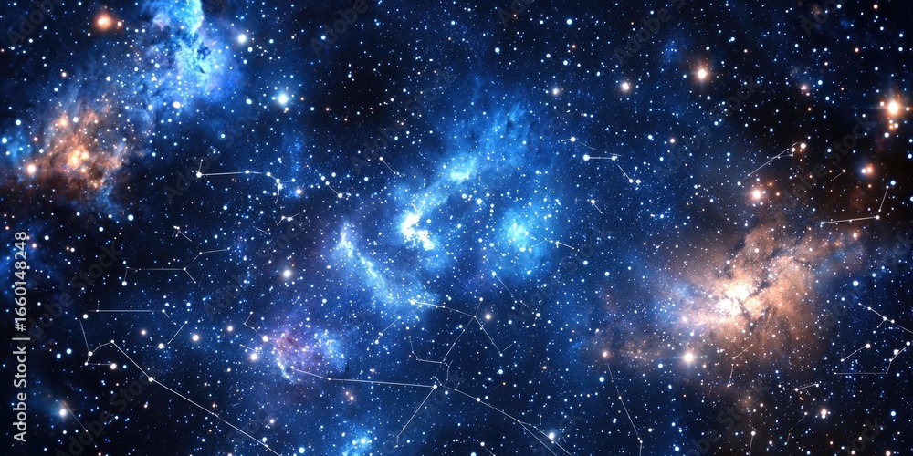 Poster detailed close-up of a starry sky, with each star connected by a network of digital lines and hologr