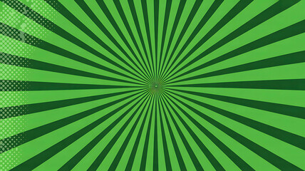 Green comic pop art background with radial sunburst effect and halftone texture, abstract retro vector illustration backdrop