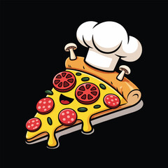  A slice of pizza with tomato slice eyes, mushrooms on top like little ears, and pepperoni slices on its body, wearing a tall white chef’s hat with its mushroom ears poking out clearly.