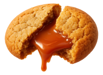 Caramel-laden cookie, cracked to reveal soft caramel core.