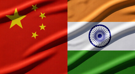 China And India Fabric Flags Split Left And Right With High Detail Texture And Dramatic Lighting JPG