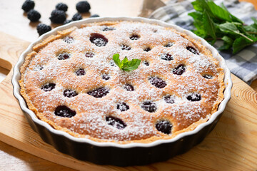Frangipane tart with raspberries. Traditional Italian recipe.