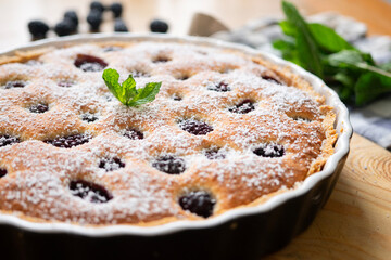 Frangipane tart with raspberries. Traditional Italian recipe.