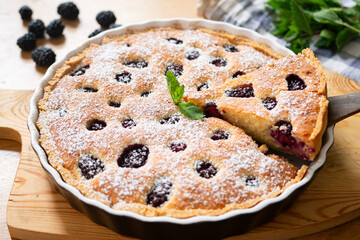 Frangipane tart with raspberries. Traditional Italian recipe.