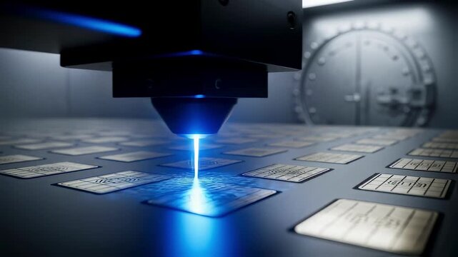 Highresolution image of laser engraving biometric patterns on passport chips inside a vault underpinning secure travel document creation.