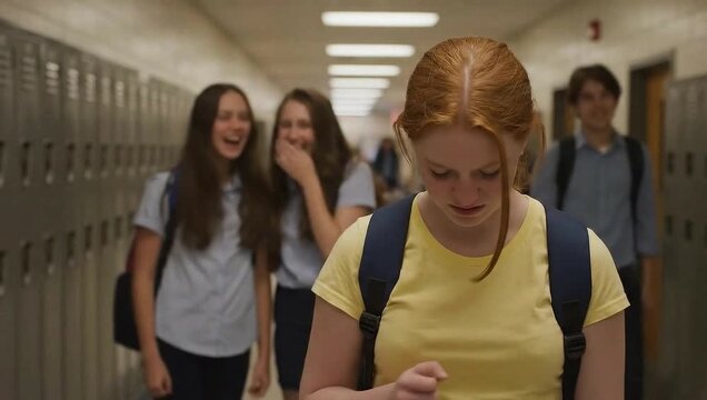 Schoolgirl being bullied in hallway by classmates
