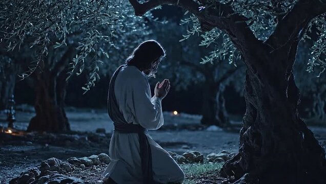 Jesus Christ praying in the Garden of Gethsemane at night
