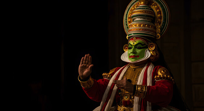 Kathakali dancer performance art culture Kerala India tradition makeup costume face gesture background drama theater hinduism mythology actor