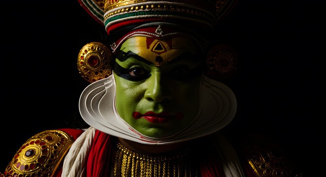Kathakali portrait dancer face makeup drama shadow light art culture Kerala India tradition costume expression intense background theater