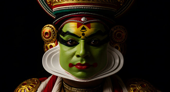 Kathakali portrait dancer face makeup drama shadow light art culture Kerala India tradition costume expression intense background theater