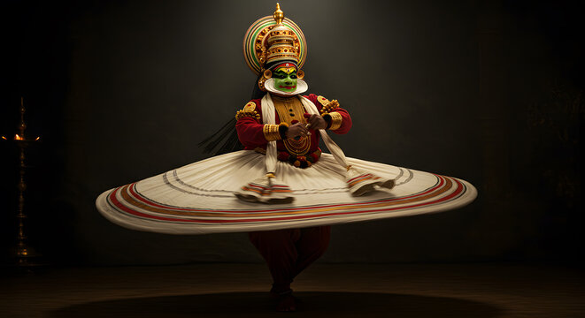 Kathakali dancer spin dance performance art motion culture Kerala India tradition costume full body stage drama grace entertainment