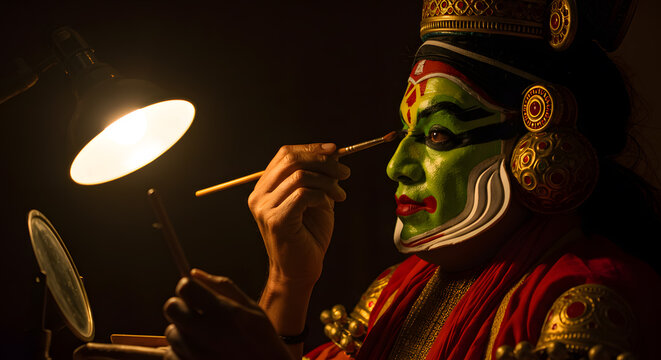Kathakali artist makeup preparation backstage performance art culture Kerala India tradition face paint ritual process man theater drama