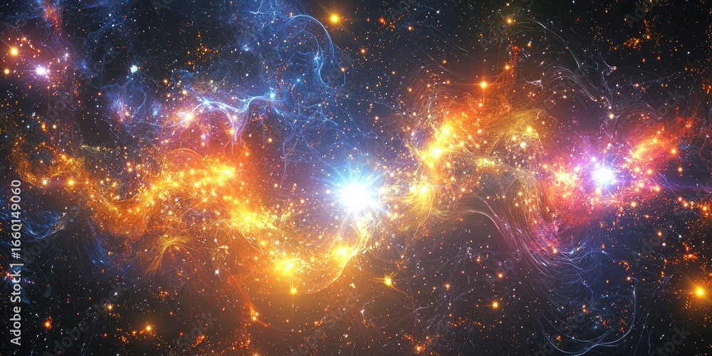 Poster a digital rendering of a star field, where luminous stars are connected by glowing circuits and digi