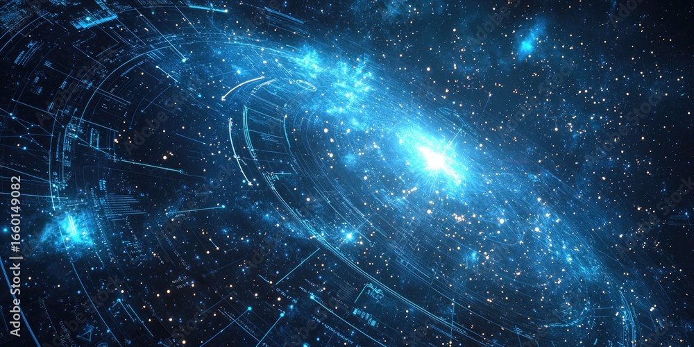 Poster a detailed layout for a space-themed interface, showcasing interactive star maps, glowing data panel