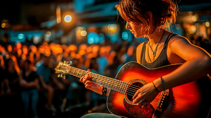 Naklejka premium Female musician playing acoustic guitar during night concert in front of audience