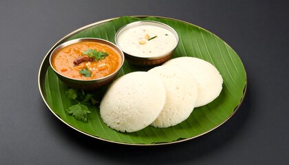A presentation of idli, sambar, and chutney, served on a vibrant banana leaf plate, showcasing a traditional Indian meal.