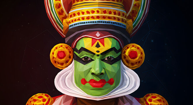 Kathakali mask low poly 3d model character onam festival design illustration minimalist style art game graphic future space
