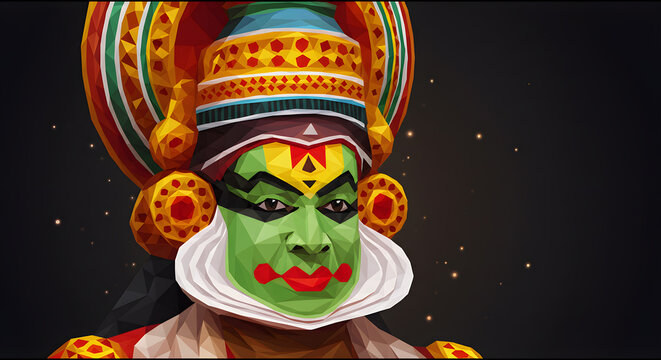 Kathakali mask low poly 3d model character onam festival design illustration minimalist style art game graphic future space