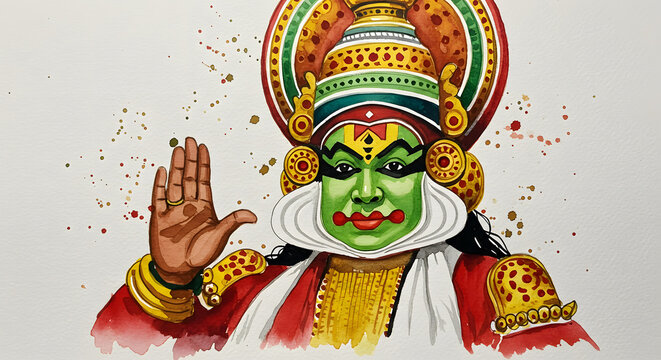 Kathakali dancer watercolor painting art illustration festival Kerala India culture tradition makeup face gesture hand beautiful design