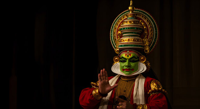 Kathakali dancer performance stage art dark background culture Kerala India tradition makeup costume face gesture drama theater space