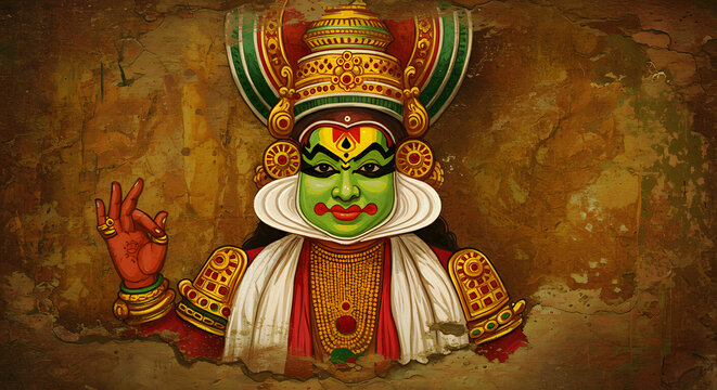 Kathakali dancer fresco mural art painting vintage wall texture culture India Kerala tradition makeup face background ancient