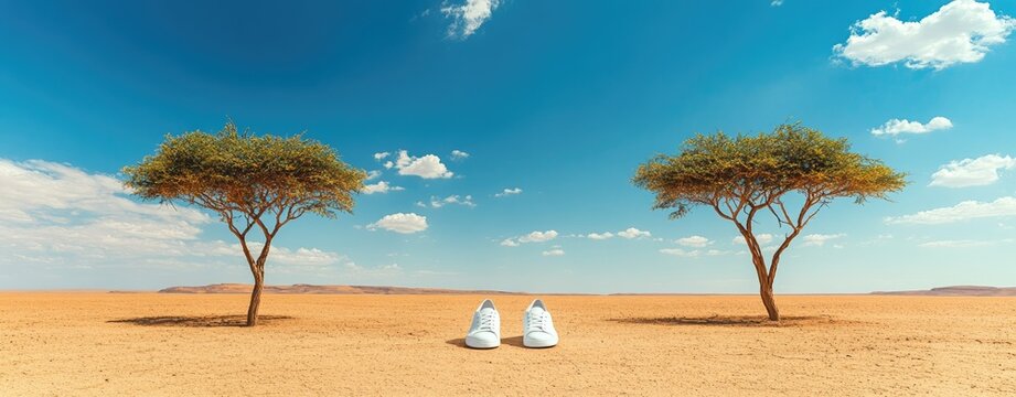 White shoes in a desert landscape under a vibrant blue sky
