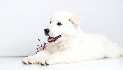 Fototapeta premium A white puppy lies peacefully, its mouth open slightly, in a setting with a soft background.