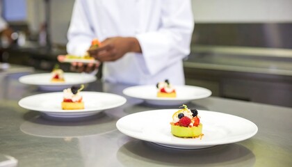 A chef meticulously prepares delectable desserts on white plates, showcasing vibrant fruit arrangements.