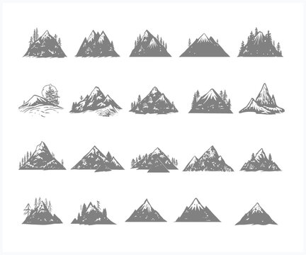 Collection of Gray Scale Mountain Illustrations with Trees on a White Background