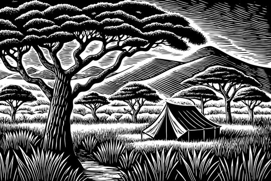 Safari tent in African savanna with acacia trees and distant mountains, black and white line art illustration - Powered by Adobe
